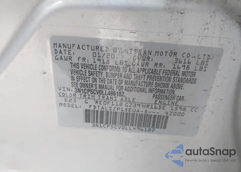 2020 Nissan Kicks Sv Xtronic Cvt z USA, uszkodzony, nr VIN 3N1CP5CV0LL496182